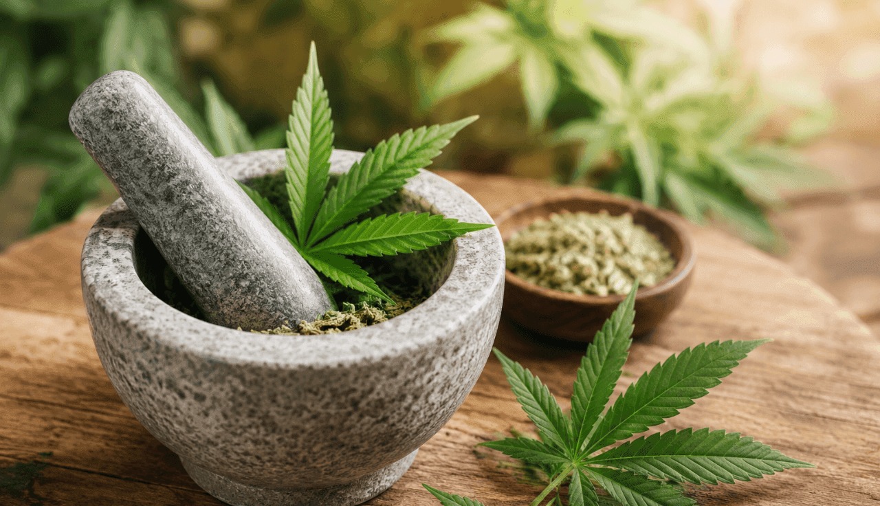 Steinmörser auf eine Holztisch mit Cannabisblättern
